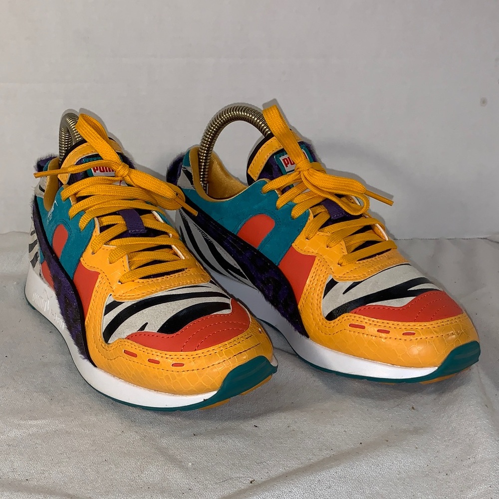 Puma Womens RS-100 ‘Zinnia’ Yellow, Teal, Orange & Zebra-Accent Low-Top Sneakers